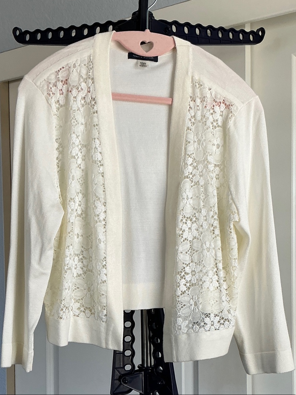 Tommy Hilfiger Ivory Lace-Panel Open-Front Cardigan